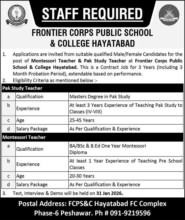 FC Public School Hayatabad Jobs | Teaching Staff Careers