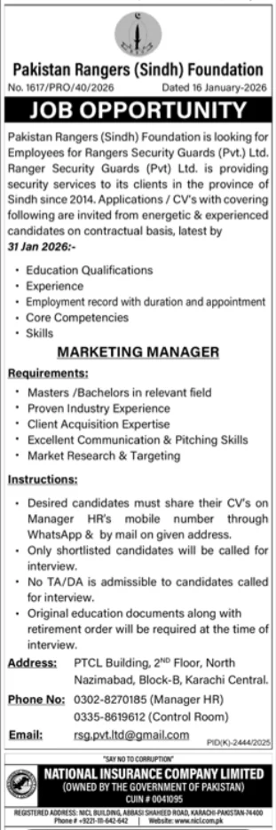 Pakistan Rangers Sindh Foundation Karachi Jobs 2026