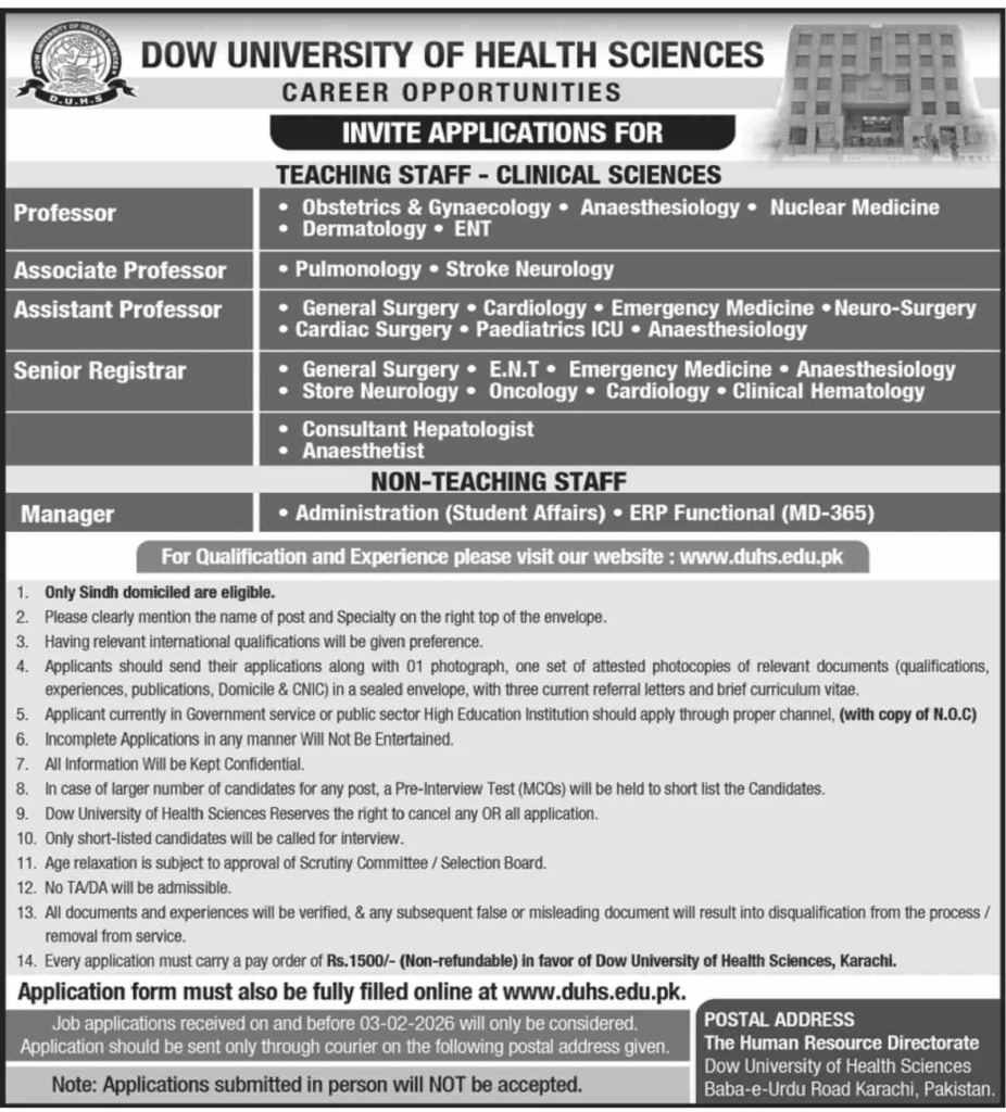 Dow University of Health Sciences DUHS Jobs 2026 | Apply Online