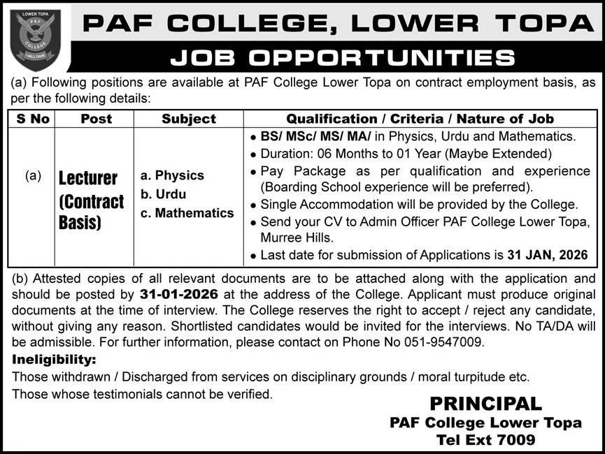 PAF College Lower Topa Jobs 2026 – Lecturer Vacancies