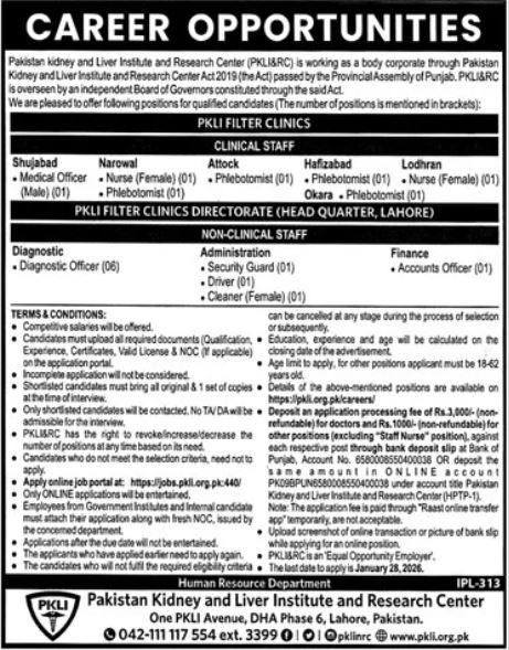 Pakistan Kidney and Liver Institute & Research Centre (PKLI) Jobs 2026