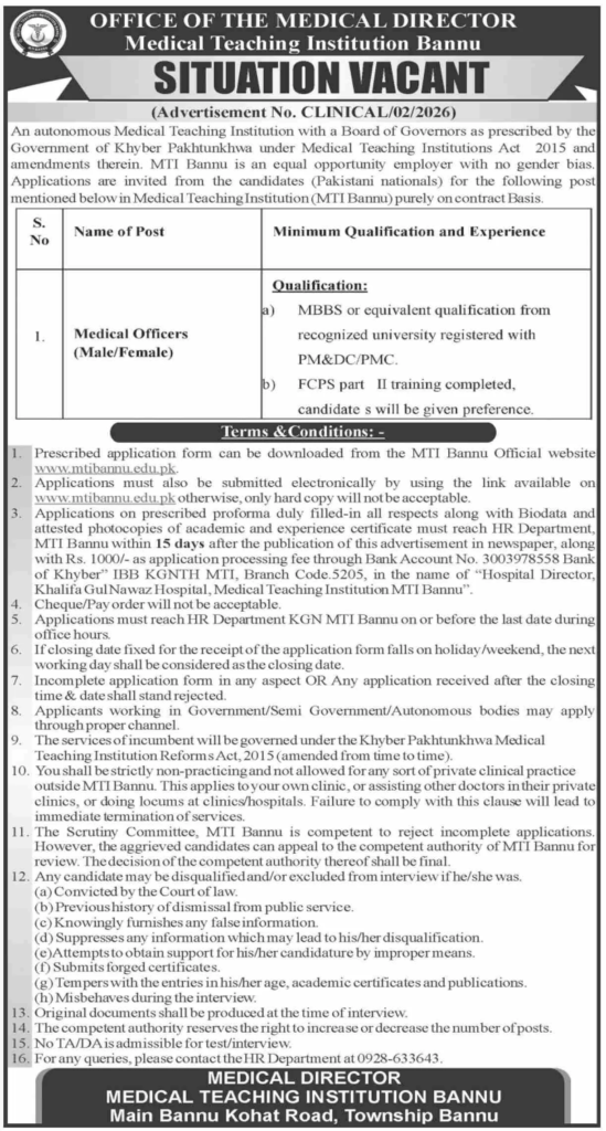 Medical Teaching Institute Bannu Jobs 2026