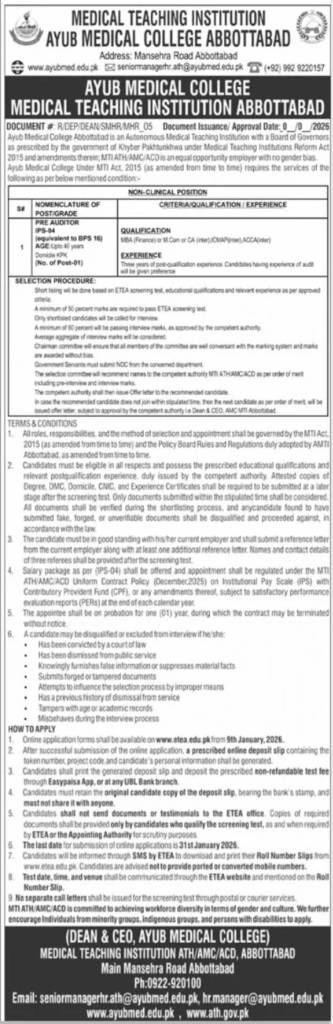 Ayub Medical College MTI Abbottabad Jobs 2026