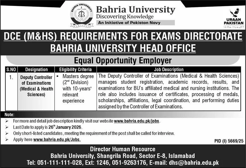 Bahria University Islamabad Deputy Controller Jobs