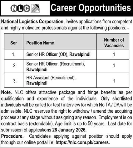 National Logistics Corporation NLC Rawalpindi Jobs 2026