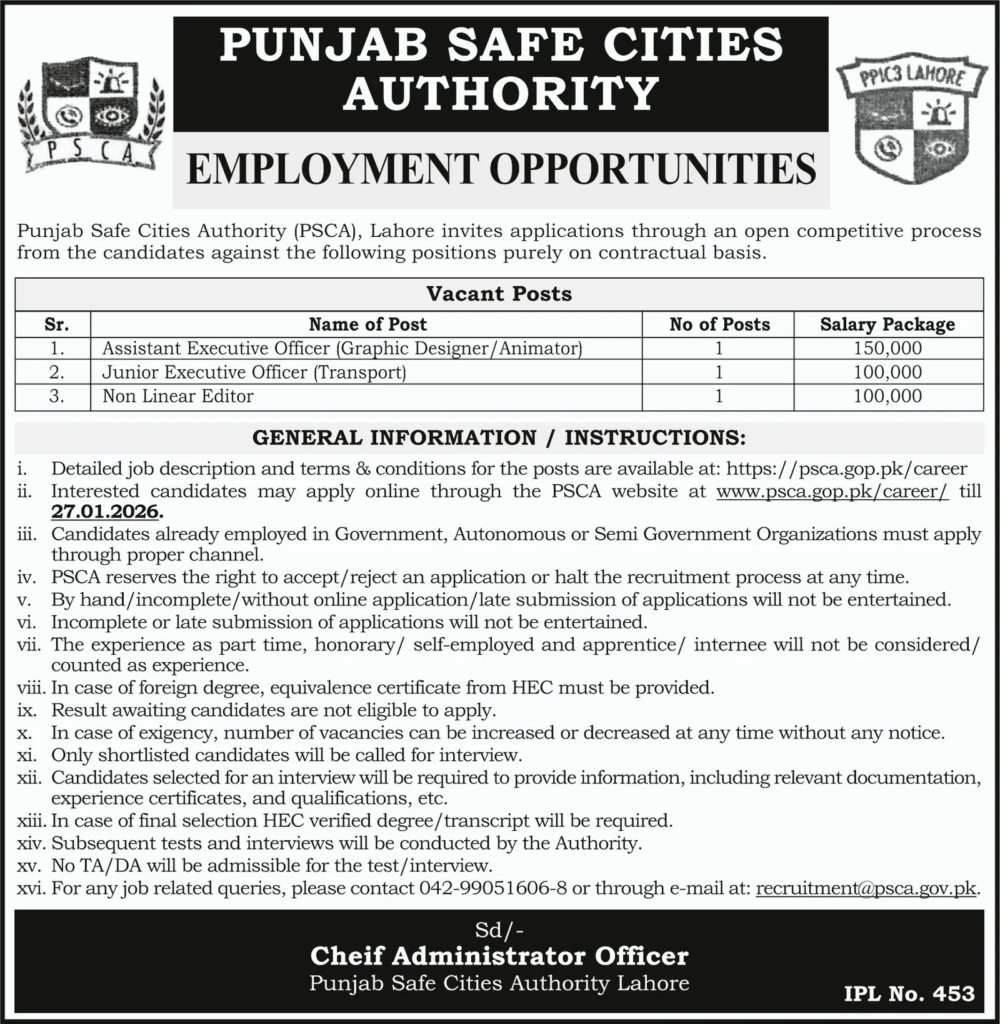 Punjab Safe Cities Authority PSCA Jobs | Lahore Jobs 2026