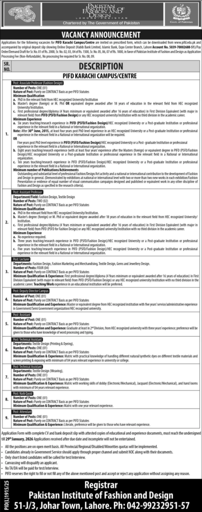 PIFD Karachi Campus Jobs 2026 | Teaching & Non-Teaching Staff