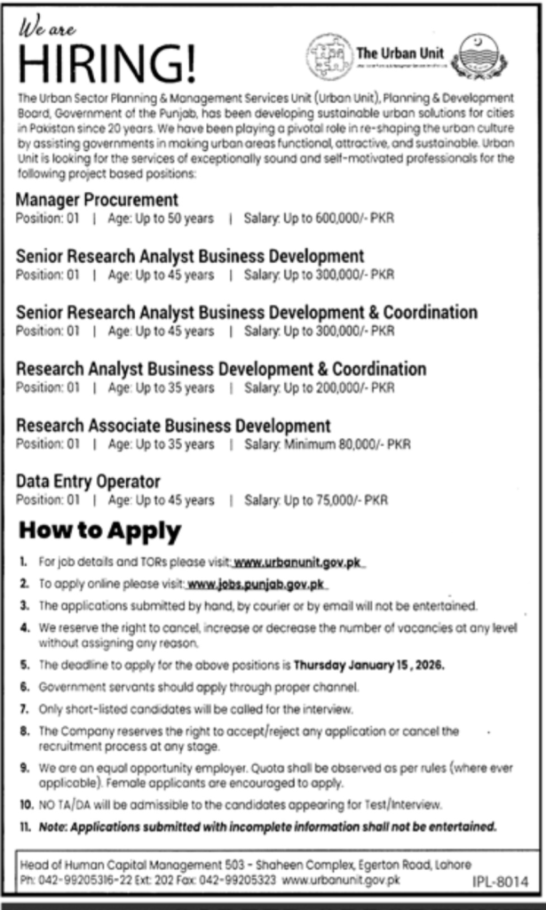 Urban Unit Jobs 2026 – Government of Punjab