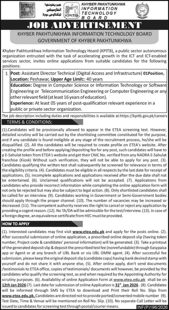 KPITB Jobs 2026 | Assistant Director Technical via ETEA