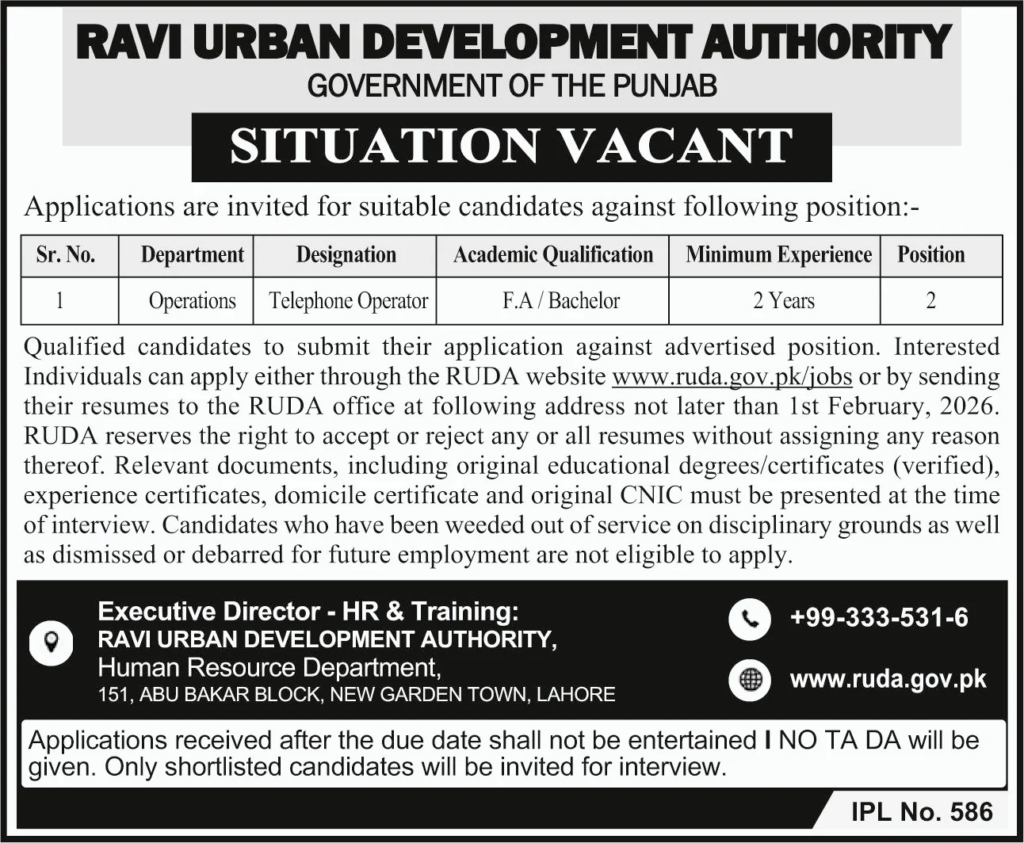Ravi Urban Development Authority RUDA Lahore Jobs 2026