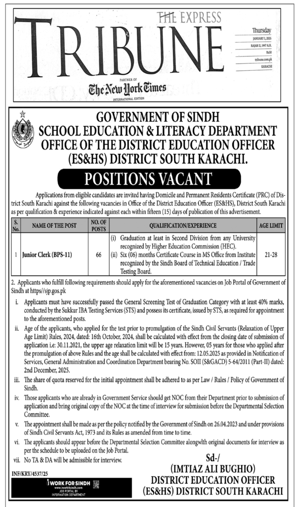 Govt Jobs in Sindh Education Department Karachi