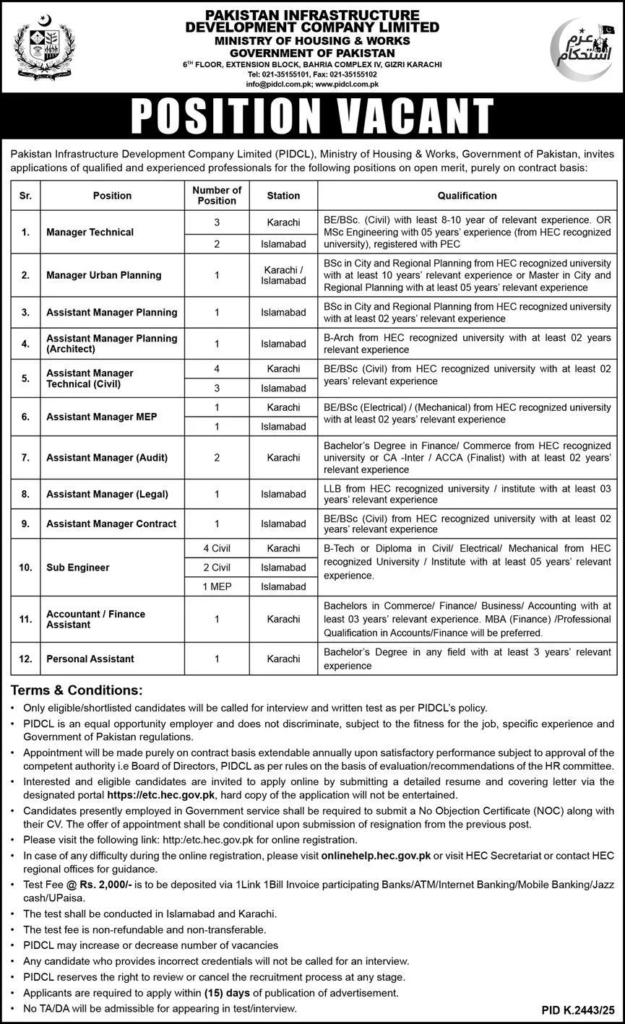 Pakistan Infrastructure Development Company PIDCL Jobs 2026 - Apply Online