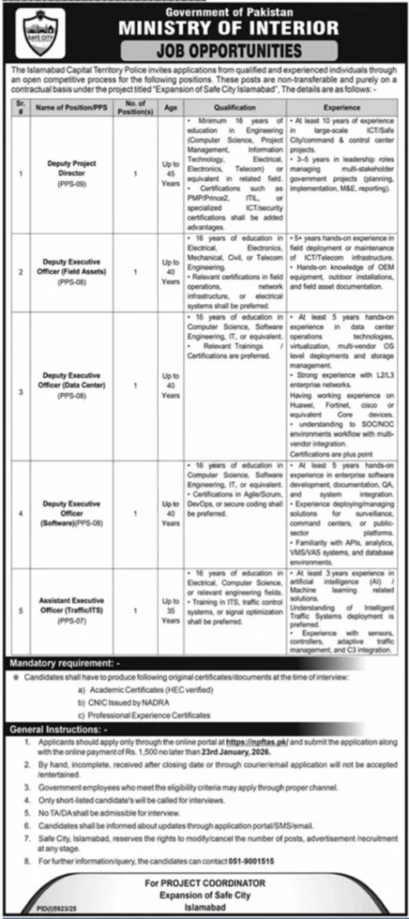 Ministry of Interior Jobs 2026 - Safe City Islamabad Project