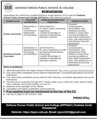Defense Forces Public School & College Rawalpindi Jobs 2026