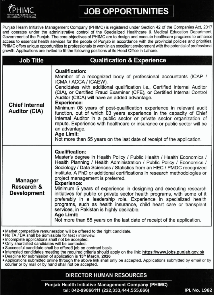 PHIMC Punjab Jobs 2026 – Chief Auditor & Research Manager