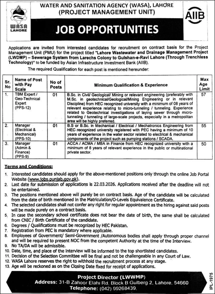 WASA Lahore Jobs 2026 – TBM Expert & Manager Posts