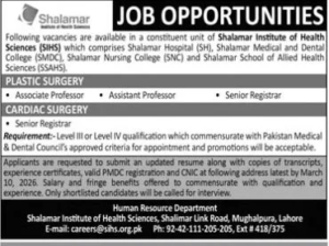 Shalamar Institute of Health Sciences Lahore Jobs 2026