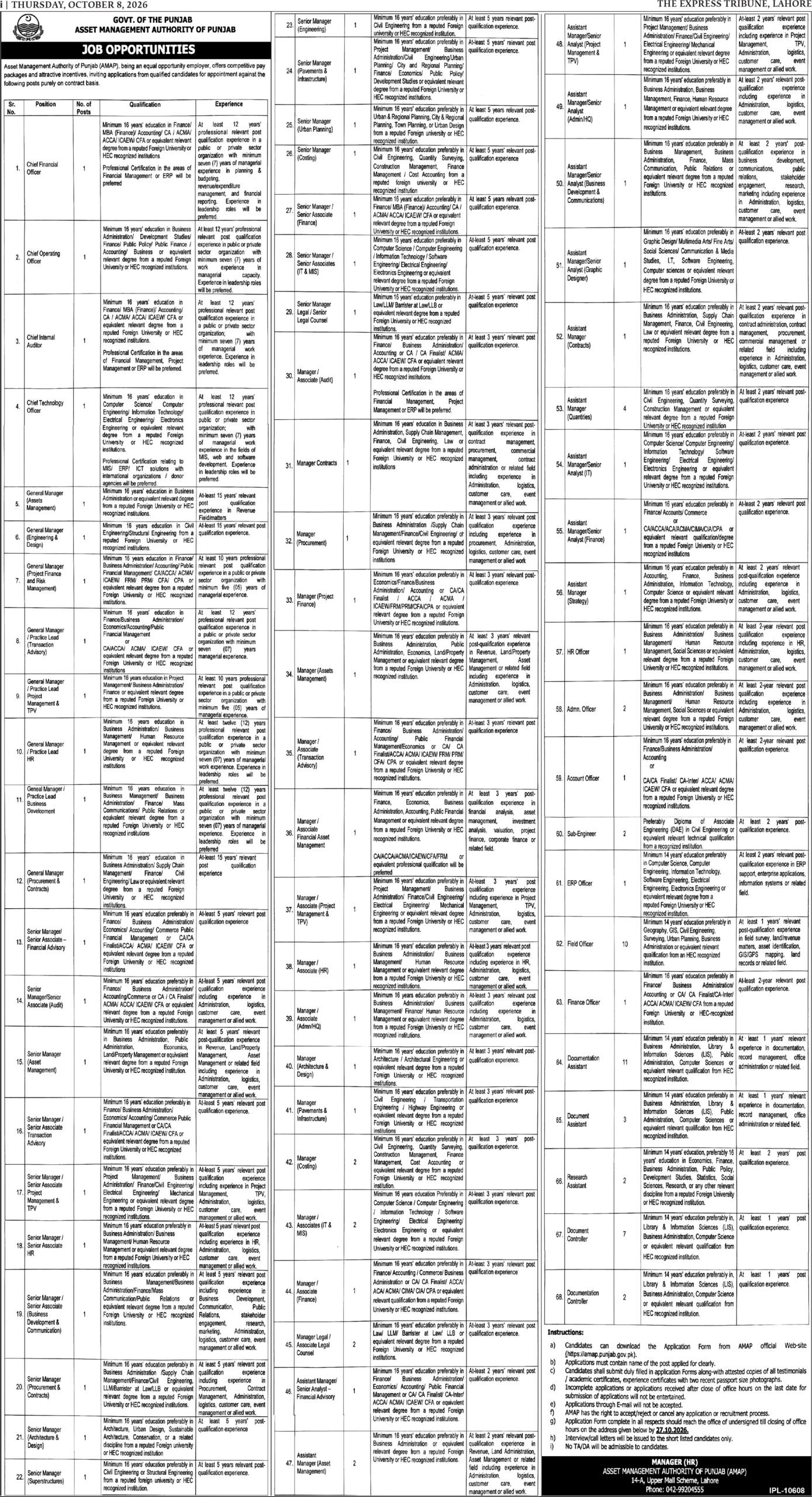 Asset Management Authority of Punjab Jobs 2026