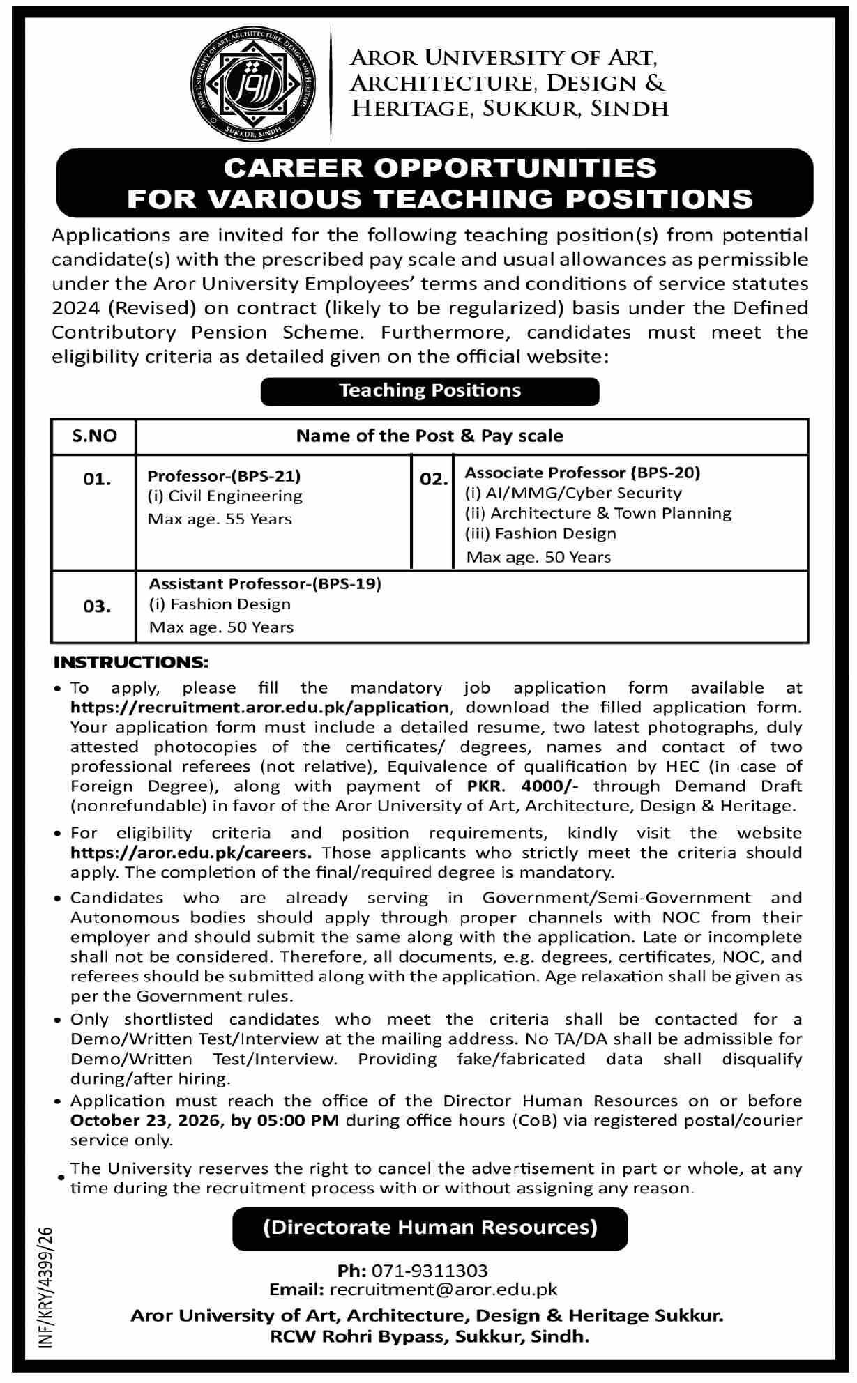 Aror University of Art, Architecture, Design & Heritage Jobs 2026 Advertisement