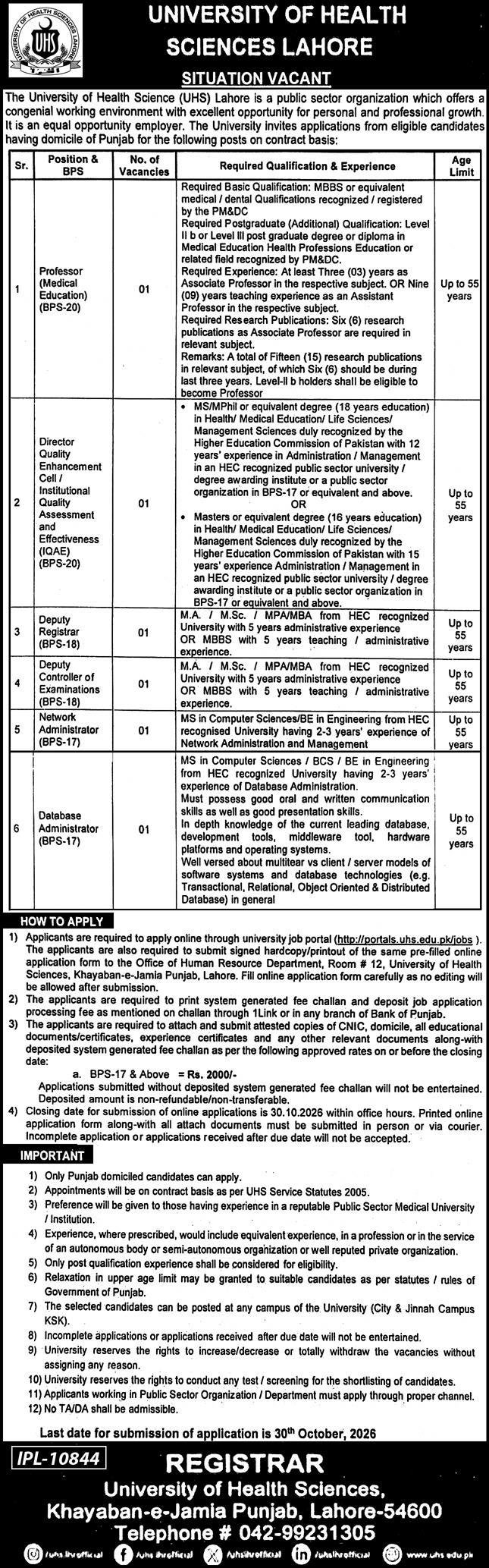 University of Health Sciences Lahore Jobs 2026 Advertisement