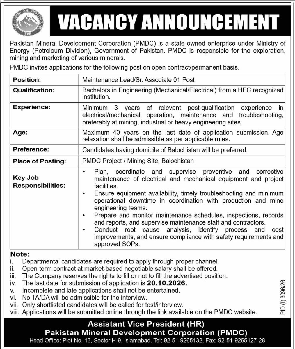 Pakistan Mineral Development Corporation Jobs 2026 Advertisement