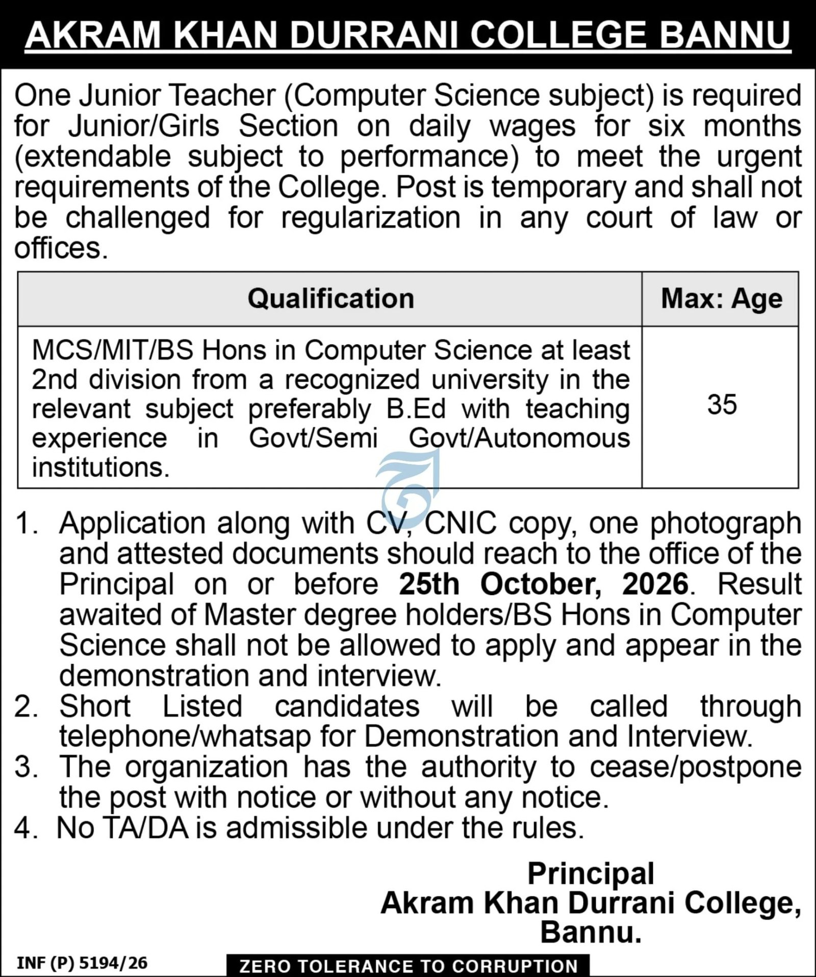 Akram Khan Durrani College, Bannu Jobs 2026 Advertisement