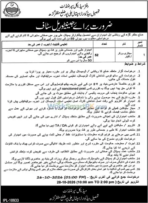THQ Hospital Ali Pur Jobs 2026 Advertisement