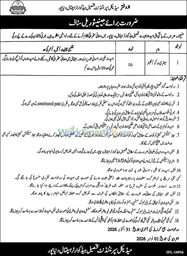 THQ Hospital Duniyapur Jobs 2026 Advertisement