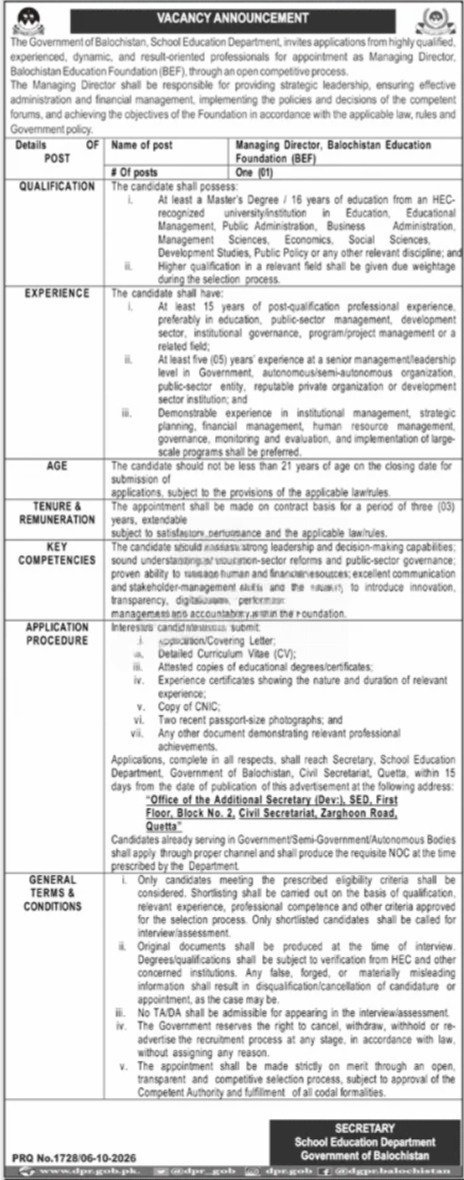 Balochistan Education Foundation Jobs 2026 Advertisement