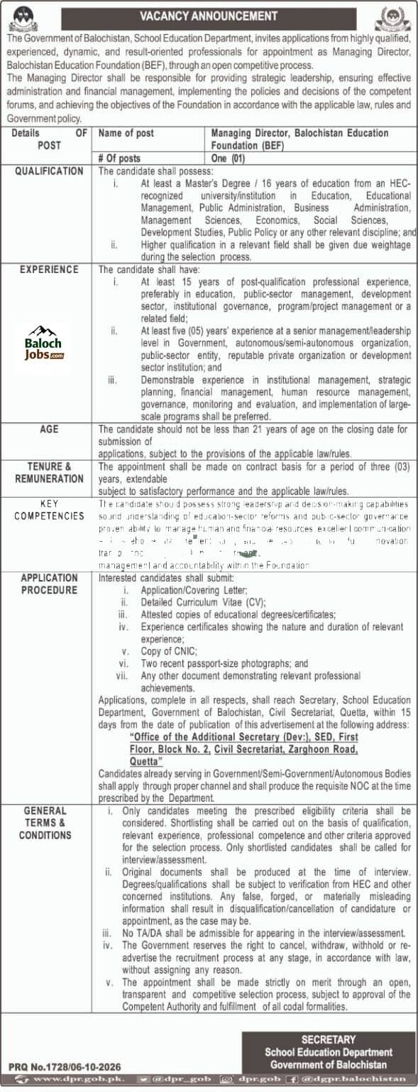 Balochistan Education Foundation Jobs 2026 Advertisement
