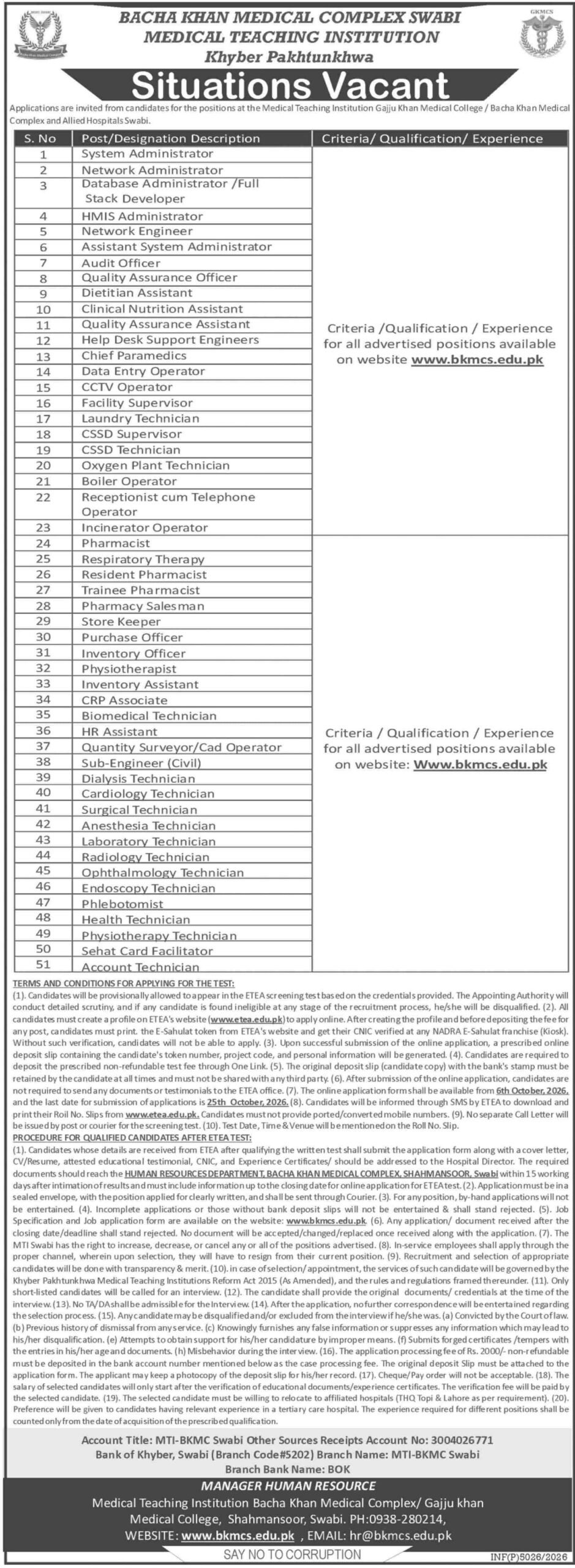 Bacha Khan Medical Complex, Swabi Jobs 2026 Advertisement