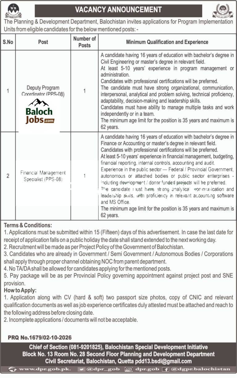 Deputy Program Coordinator & Financial Management Specialist Jobs 2026 – BSDI Quetta — Official Newspaper Advertisement