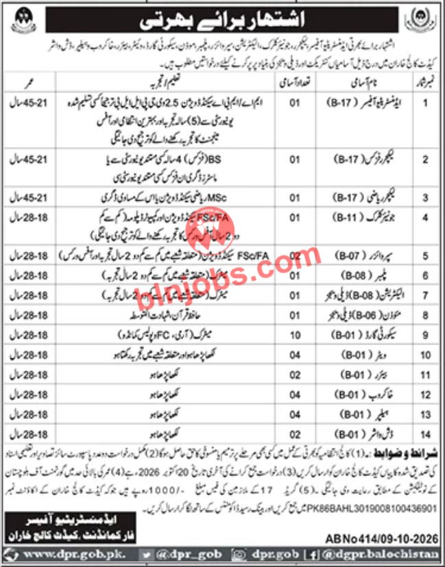 Cadet College Kharan Jobs 2026 Advertisement
