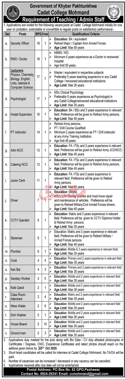 Cadet College Mohmand Jobs 2026 Advertisement