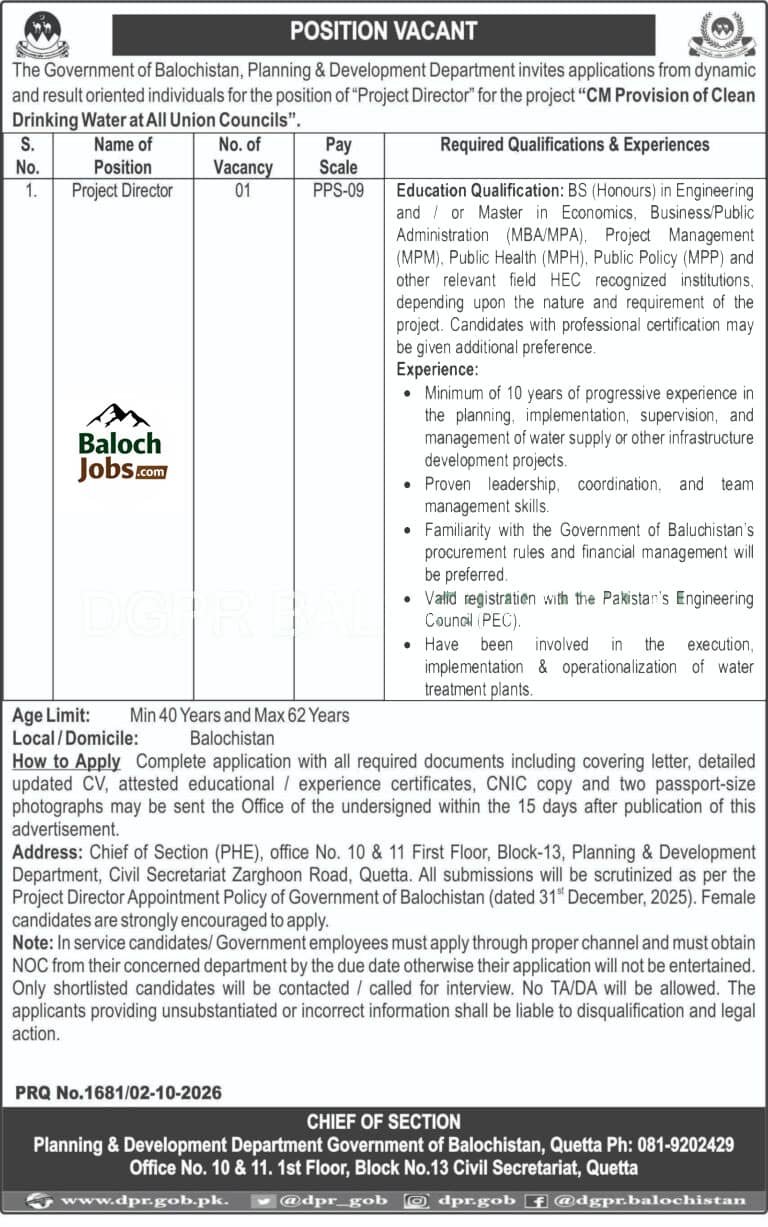 Project Director Jobs 2026 – Clean Drinking Water Project Quetta — Official Newspaper Advertisement