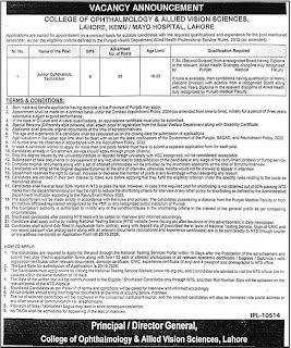 College of Ophthalmology & Allied Vision Sciences Lahore Jobs 2026 Advertisement