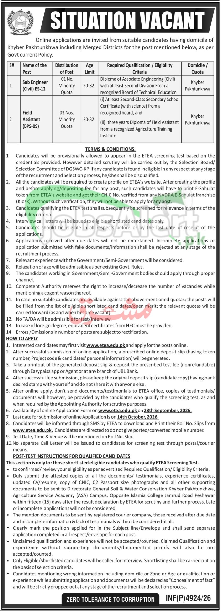 Directorate General Soil & Water Conservation, Khyber Pakhtunkhwa Jobs 2026 Advertisement
