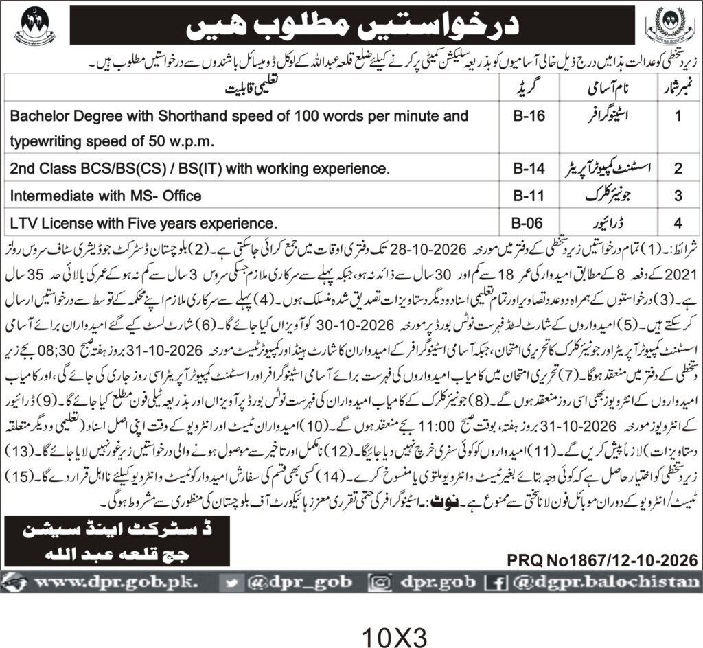 District & Session Court Qila Abdullah Jobs 2026 Advertisement