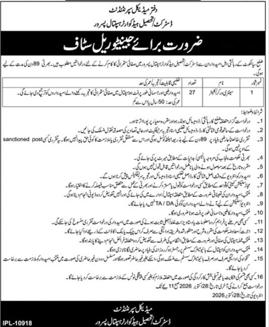 DHQ/THQ Hospital Pasrur Jobs 2026 Advertisement