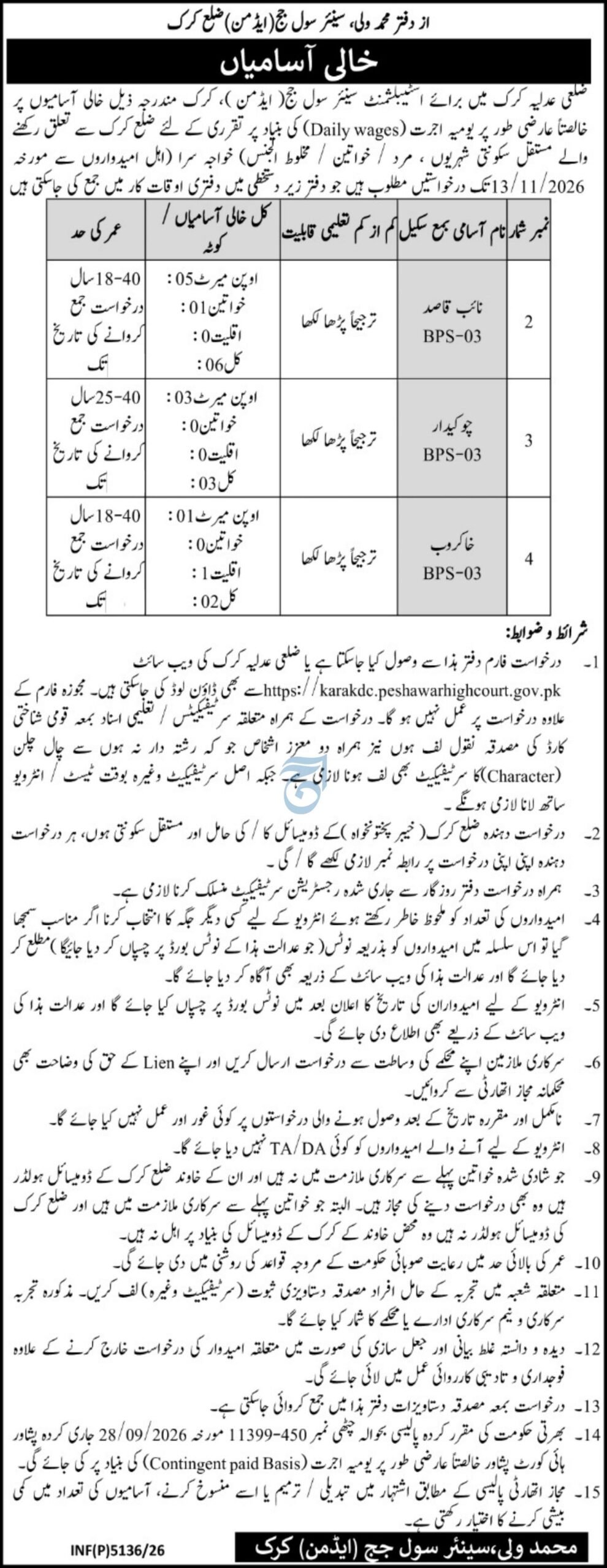 Senior Civil Judge (Admin), Karak Jobs 2026 Advertisement