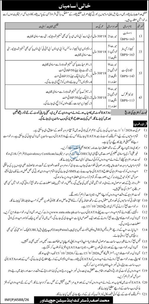 District & Sessions Court Peshawar Jobs 2026 Advertisement