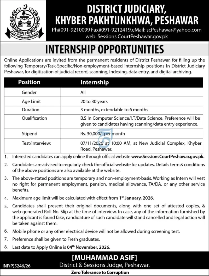 District & Sessions Court Peshawar Jobs 2026 Advertisement