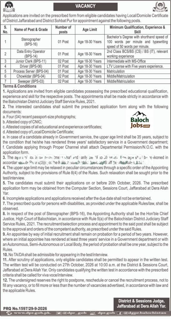 District & Sessions Court Jaffarabad Jobs 2026 Advertisement