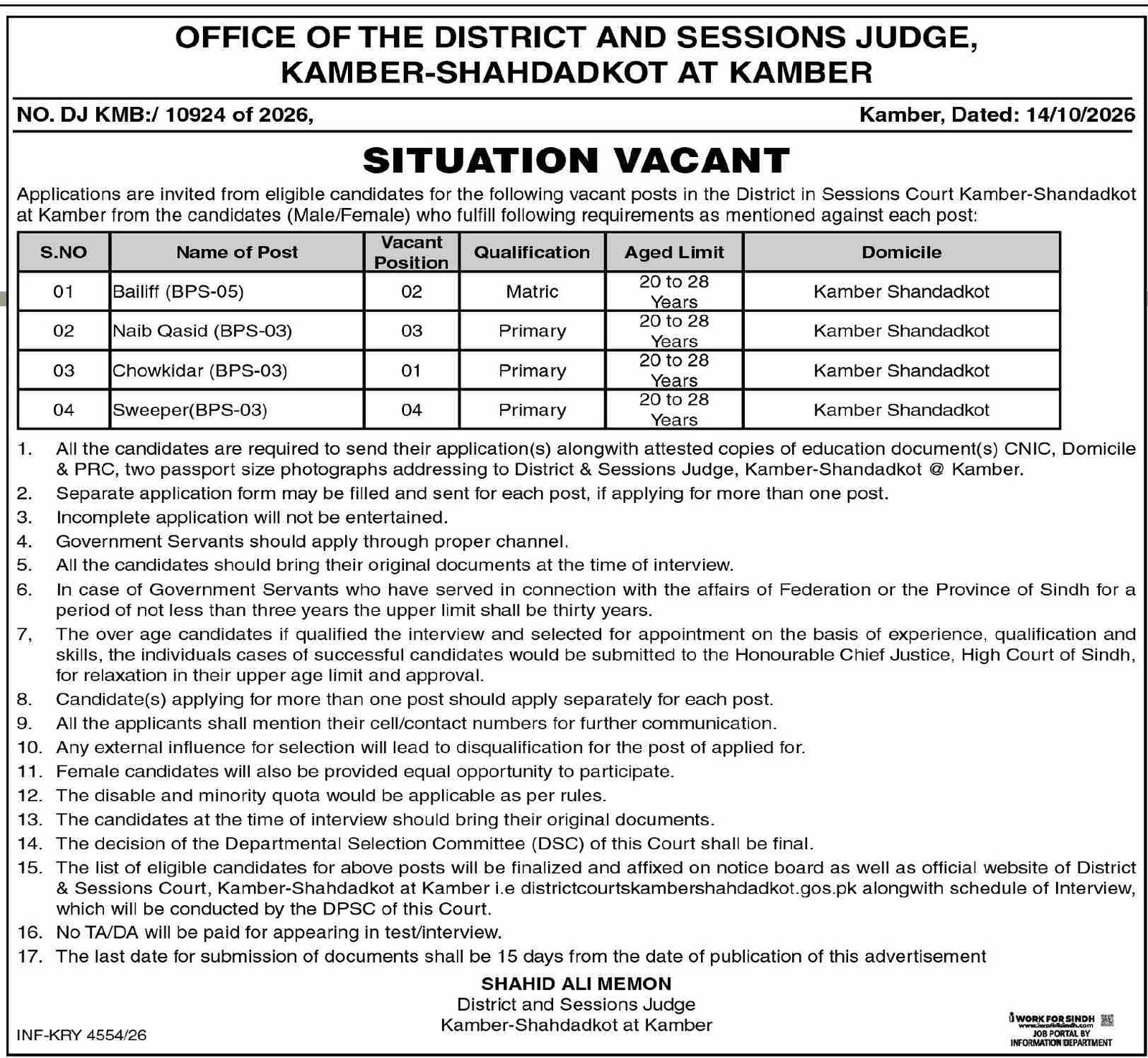 District and Sessions Court Kamber-Shahdadkot Jobs 2026 Advertisement