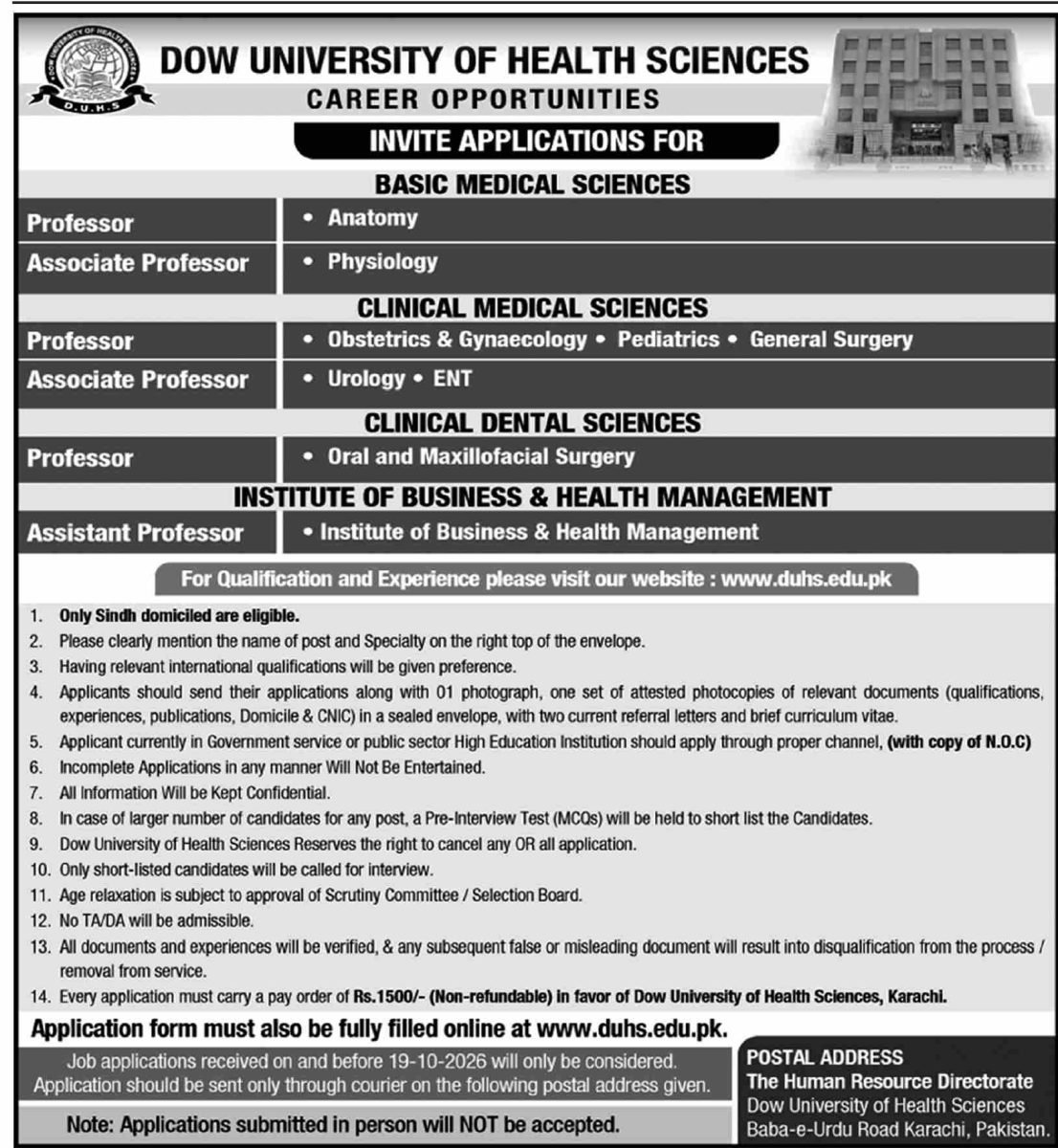 Dow University of Health Sciences Jobs 2026 Advertisement