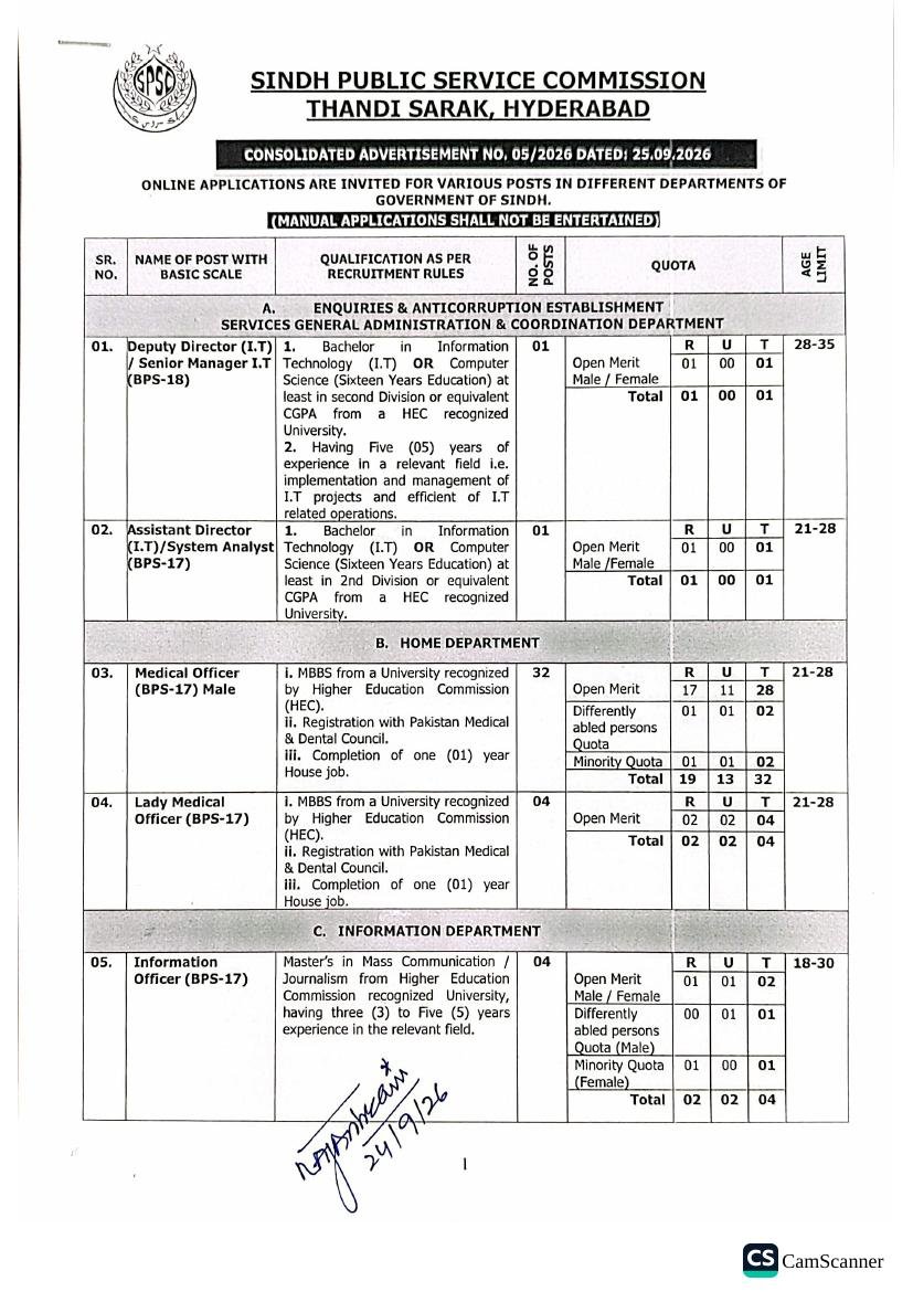 Enquiries & Anti-Corruption Establishment Sindh Jobs 2026 Advertisement