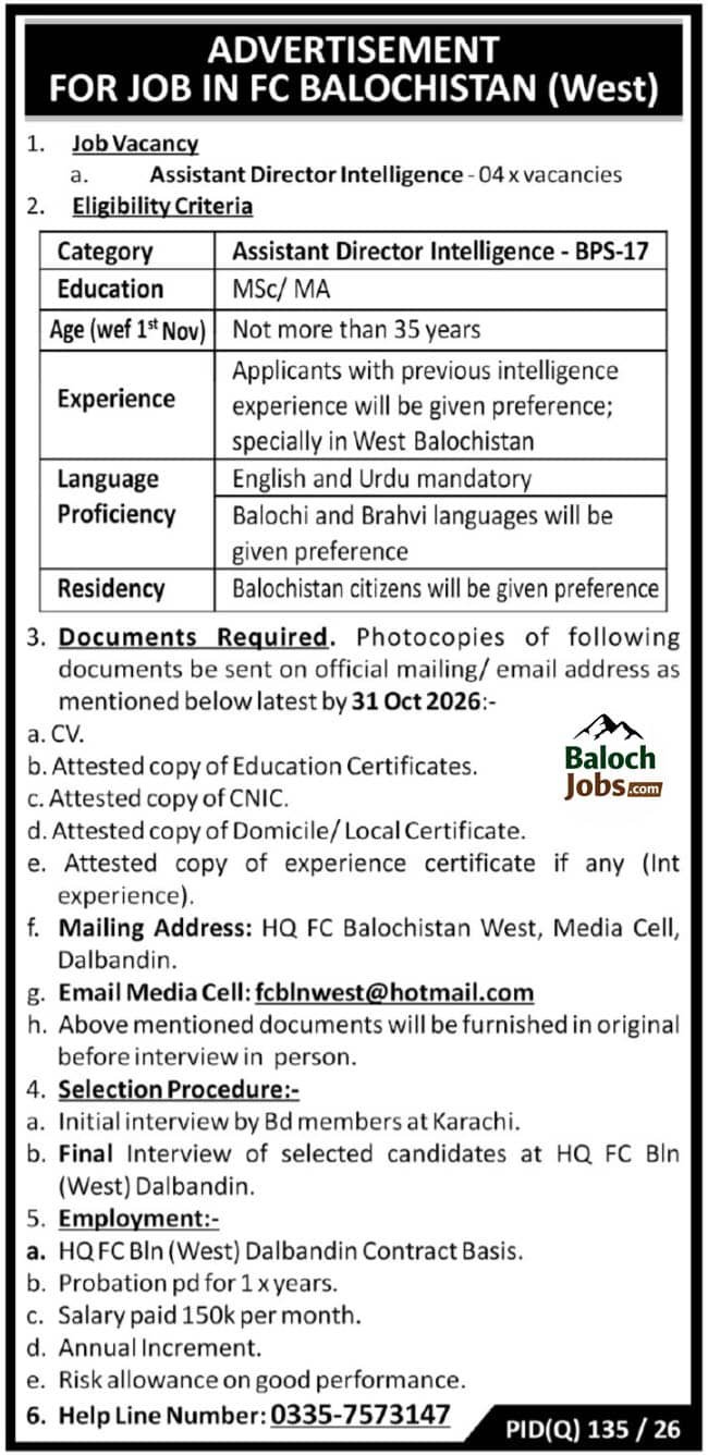 FC Balochistan (West) Jobs 2026 Advertisement