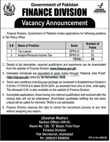 Finance Division Jobs 2026 Advertisement