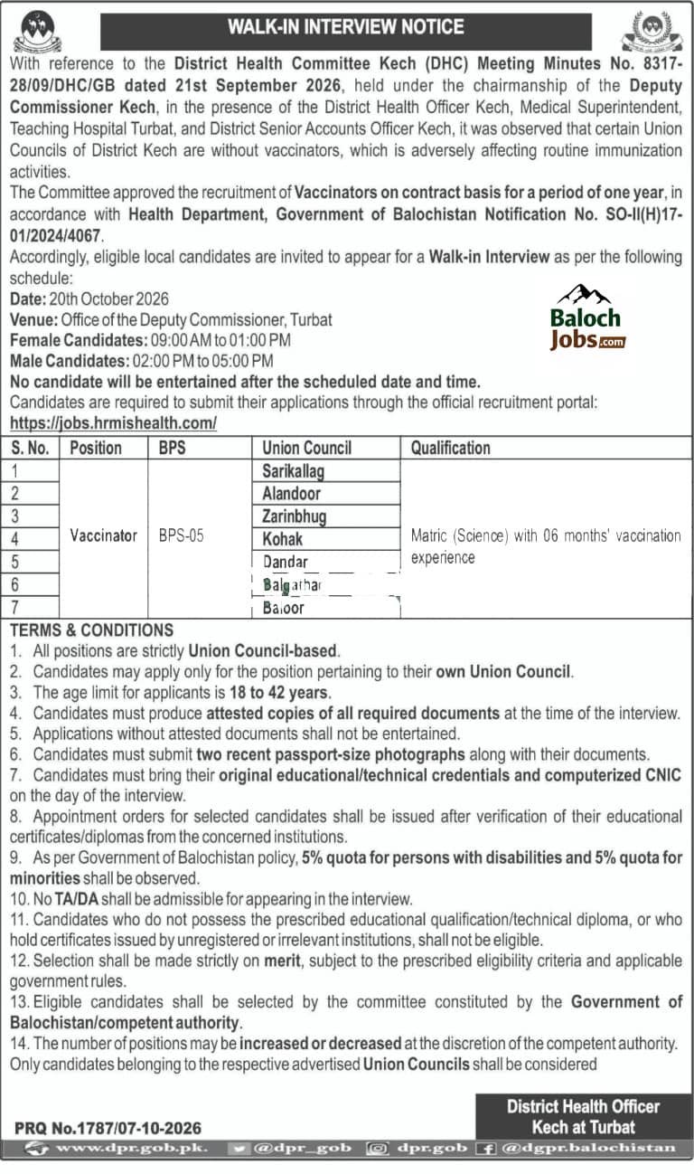 District Health Officer Kech Jobs 2026 Advertisement