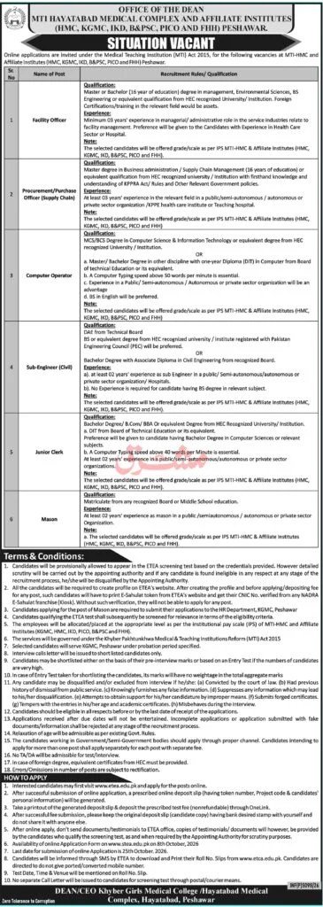 MTI Hayatabad Medical Complex, Peshawar Jobs 2026 Advertisement